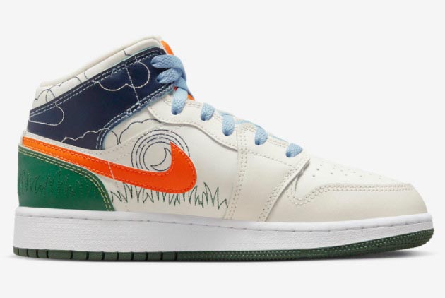 Air Jordan 1 Mid GS Stitch White/Blue-Green-Orange DX2462-100 - Stylish and Vibrant Sneakers for Kids