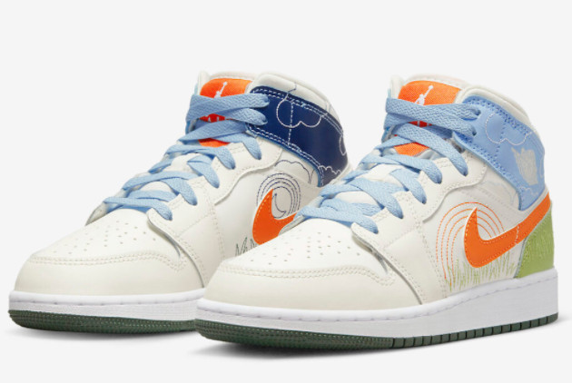 Air Jordan 1 Mid GS Stitch White/Blue-Green-Orange DX2462-100 - Stylish and Vibrant Sneakers for Kids